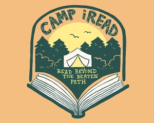 Image showing open book with background of trees and a campsite. Text reads Camp iRead: Read Beyond the Beaten Path.